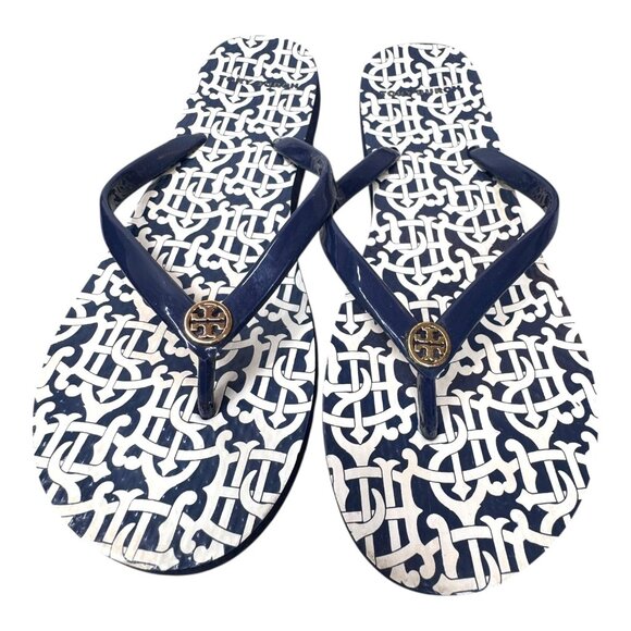 Tory Burch Navy White Thin Flip Flops Size 8 w Gold Logo With Box Good Condition - Picture 1 of 7